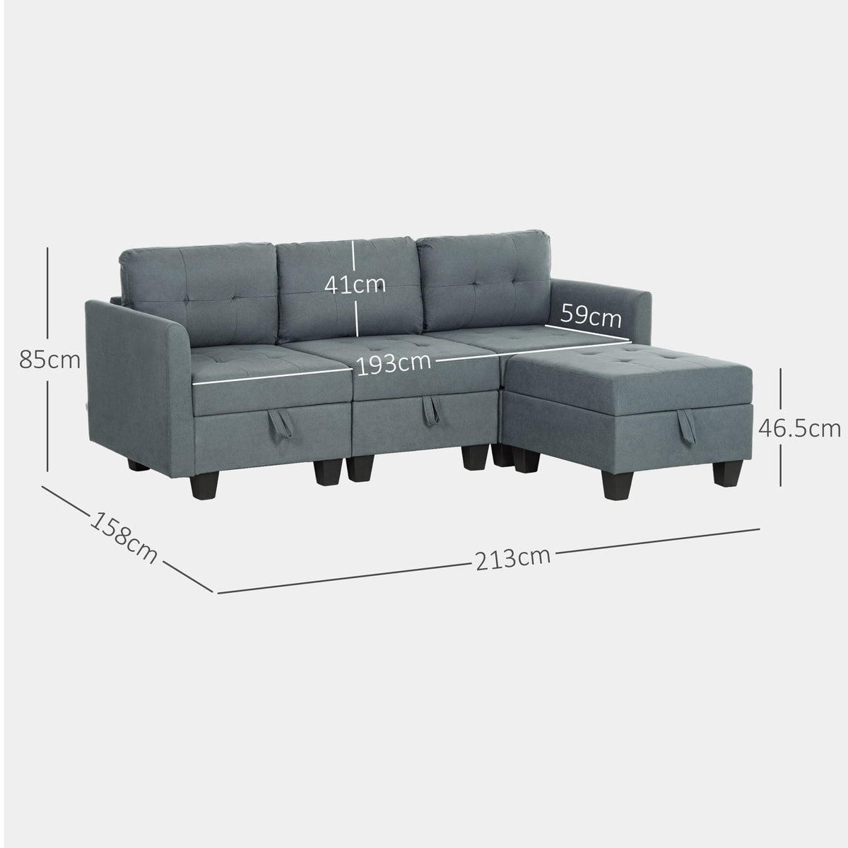 The dark grey sofa with white lines and text indicating the overall dimensions of the furniture