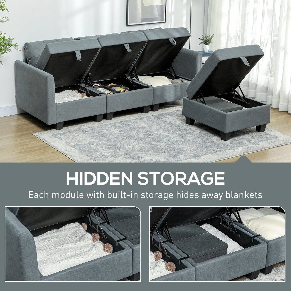 The modular sofa with all seat sections lifted to reveal the hidden storage compartments inside