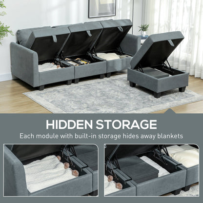 The modular sofa with all seat sections lifted to reveal the hidden storage compartments inside