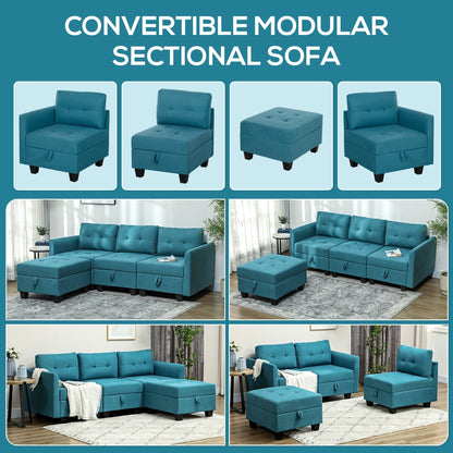 Various configurations of the light blue modular sofa and ottoman
