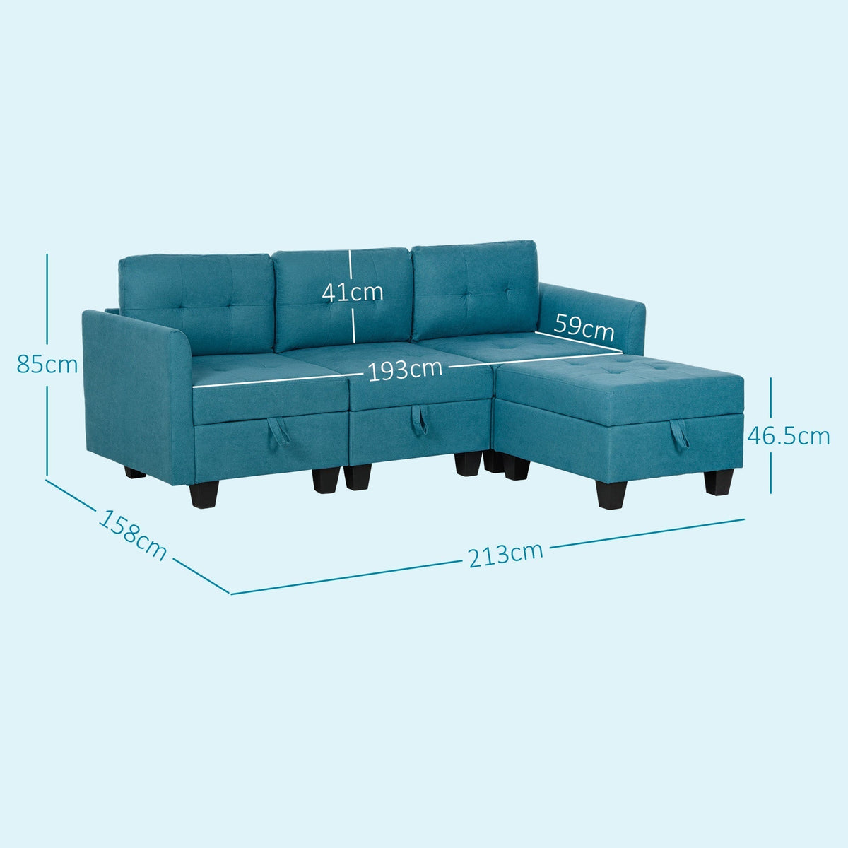 Dimensions diagram for the light blue modular sofa