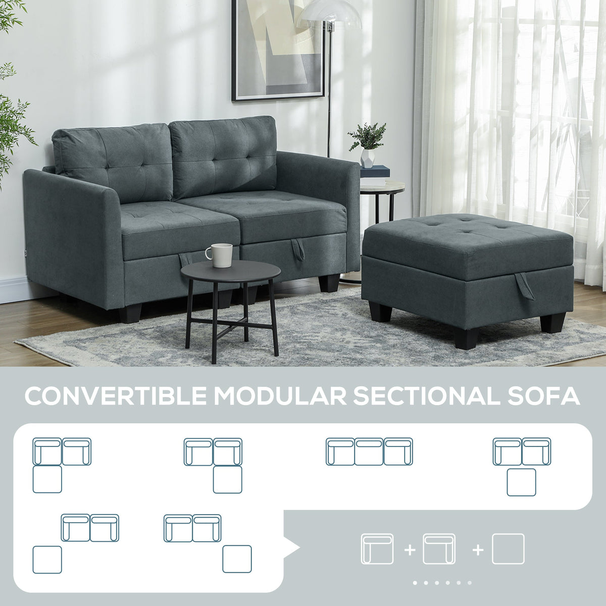 The modular sofa with the footstool separated and a diagram showing different layout options