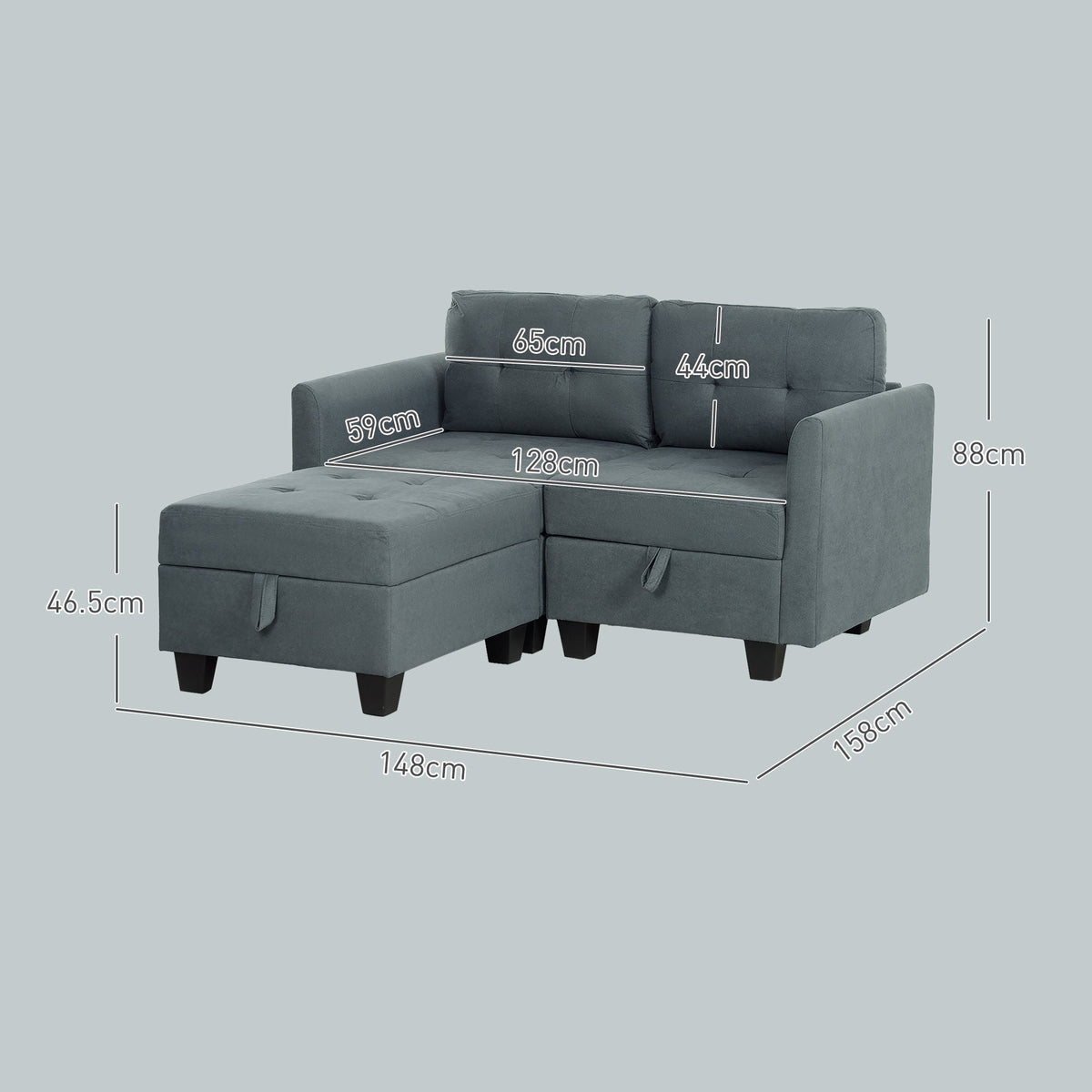 The grey storage sofa with white lines showing the dimensions of the seat and frame