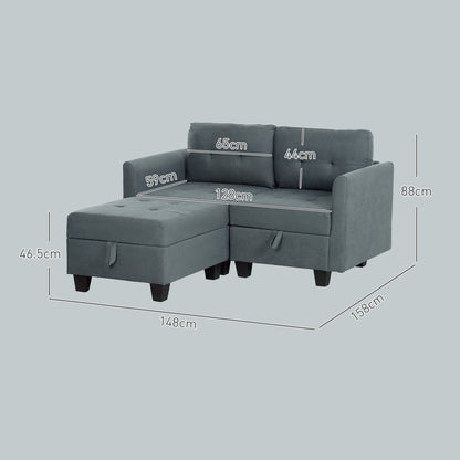 The grey storage sofa with white lines showing the dimensions of the seat and frame