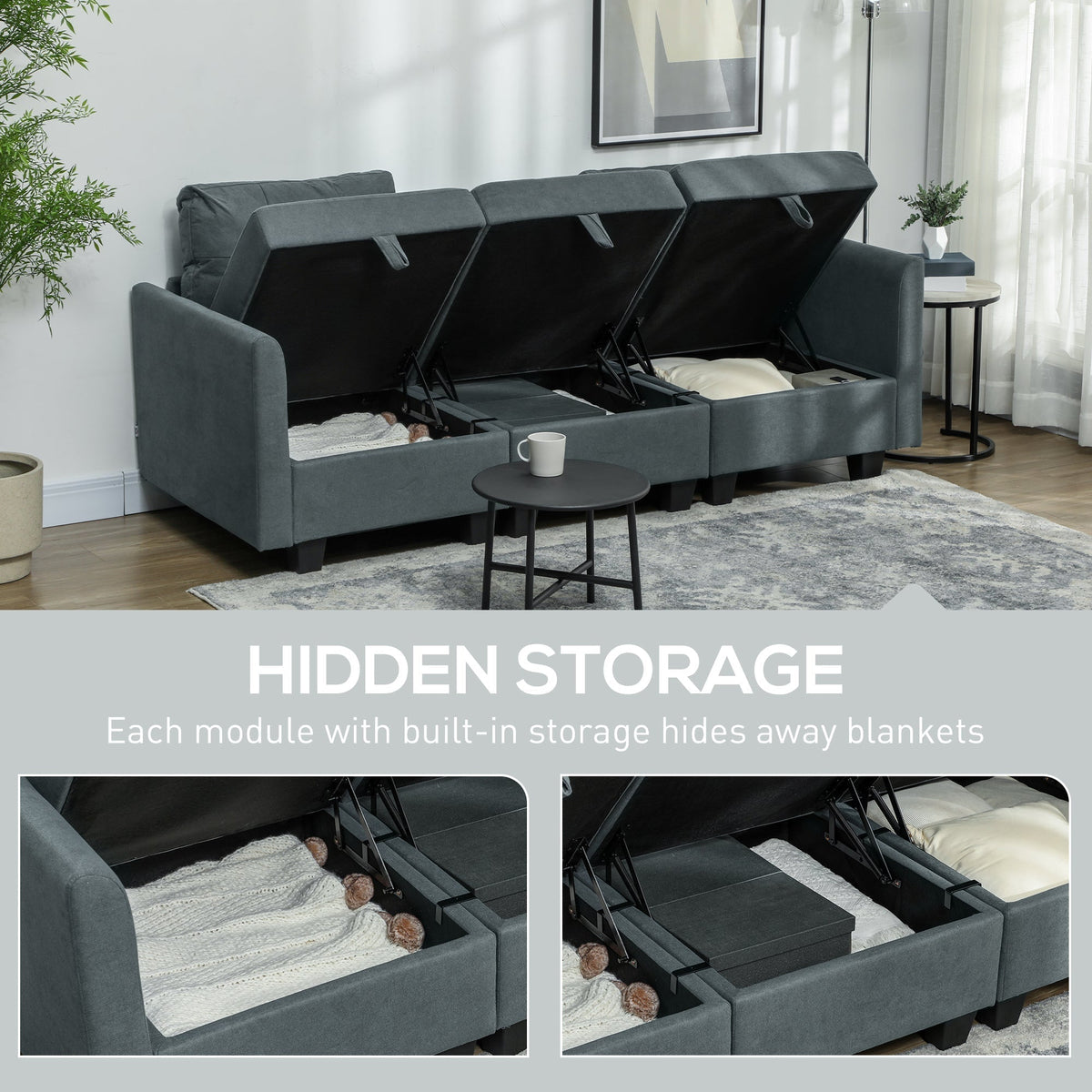 The modular sofa with seat cushions lifted to reveal the hidden storage compartments inside