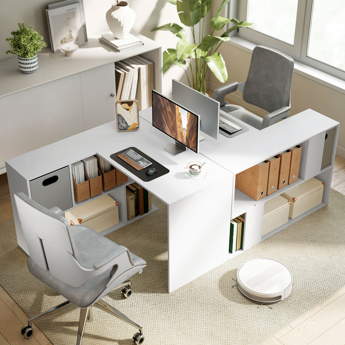 Two of the office desks placed together to create a larger workspace in a room