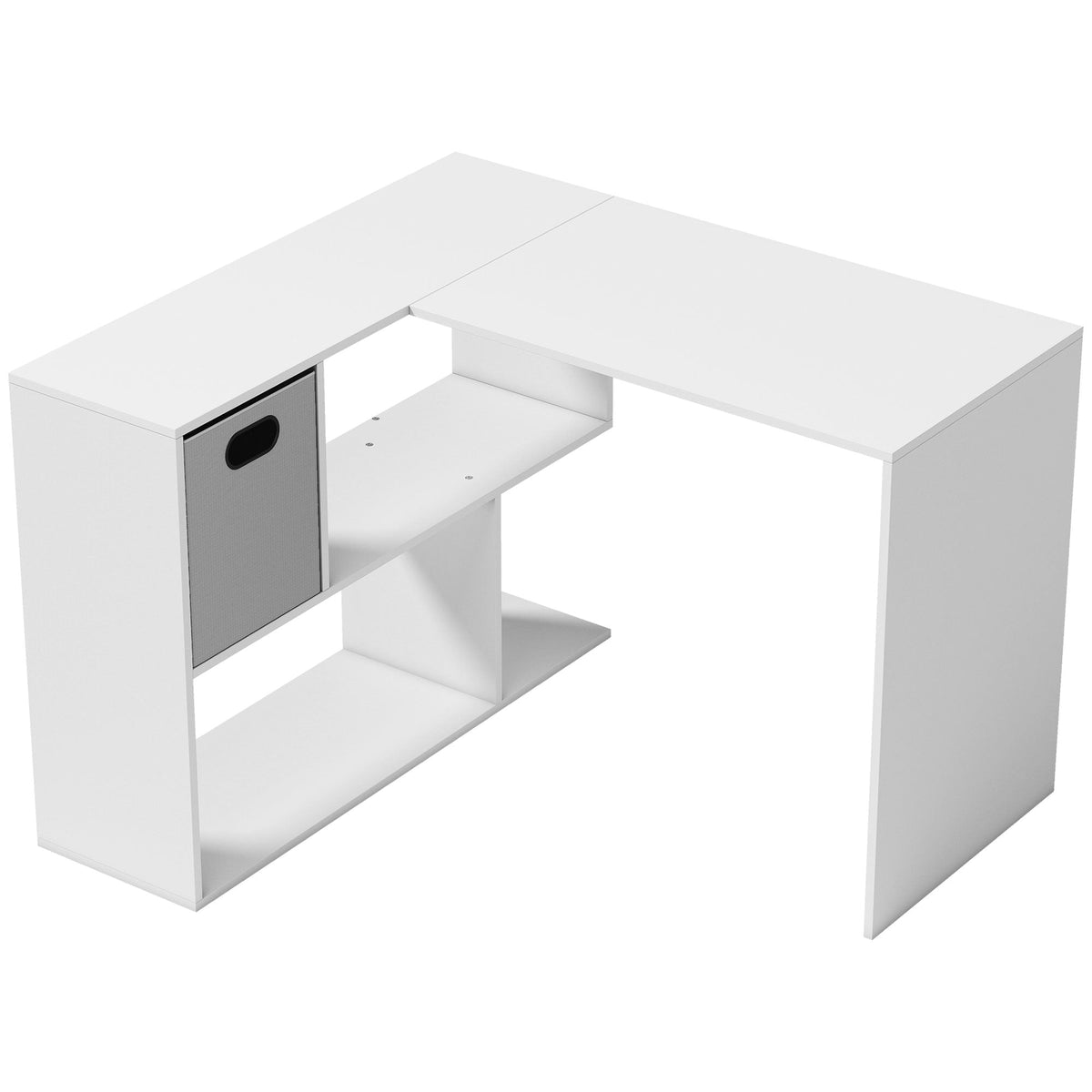 HOMCOM L Shaped Computer Desk in white with a grey fabric drawer and open storage shelving