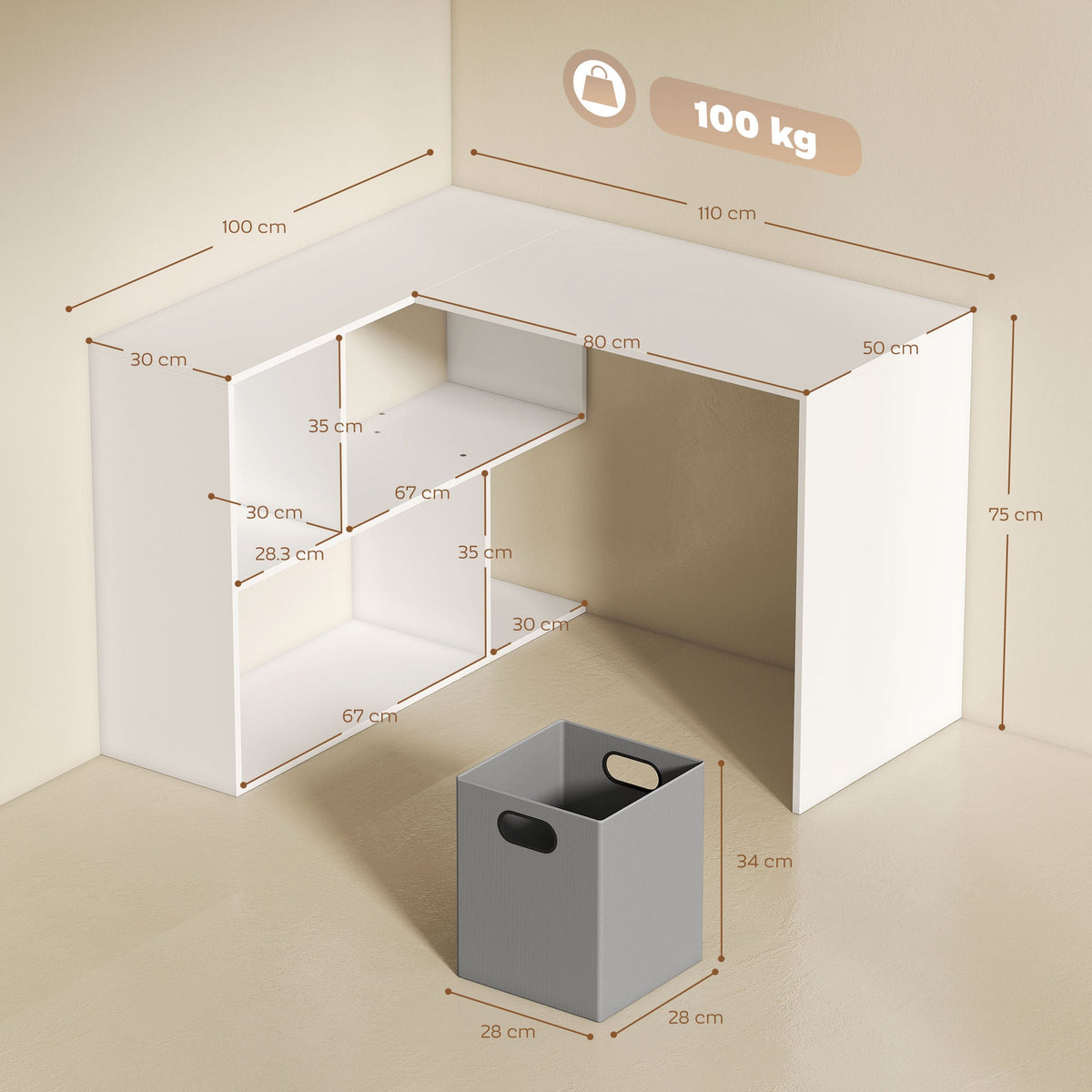 The corner desk showing dimensions and the separate grey fabric storage box