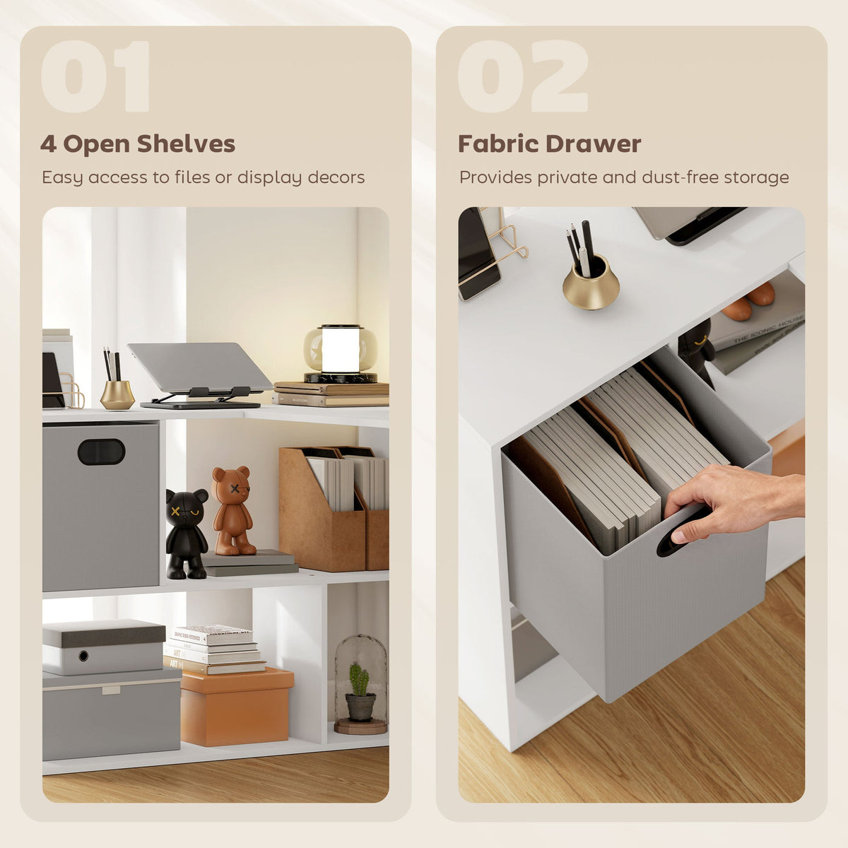The office desk highlighting the open shelving and the removable fabric drawer