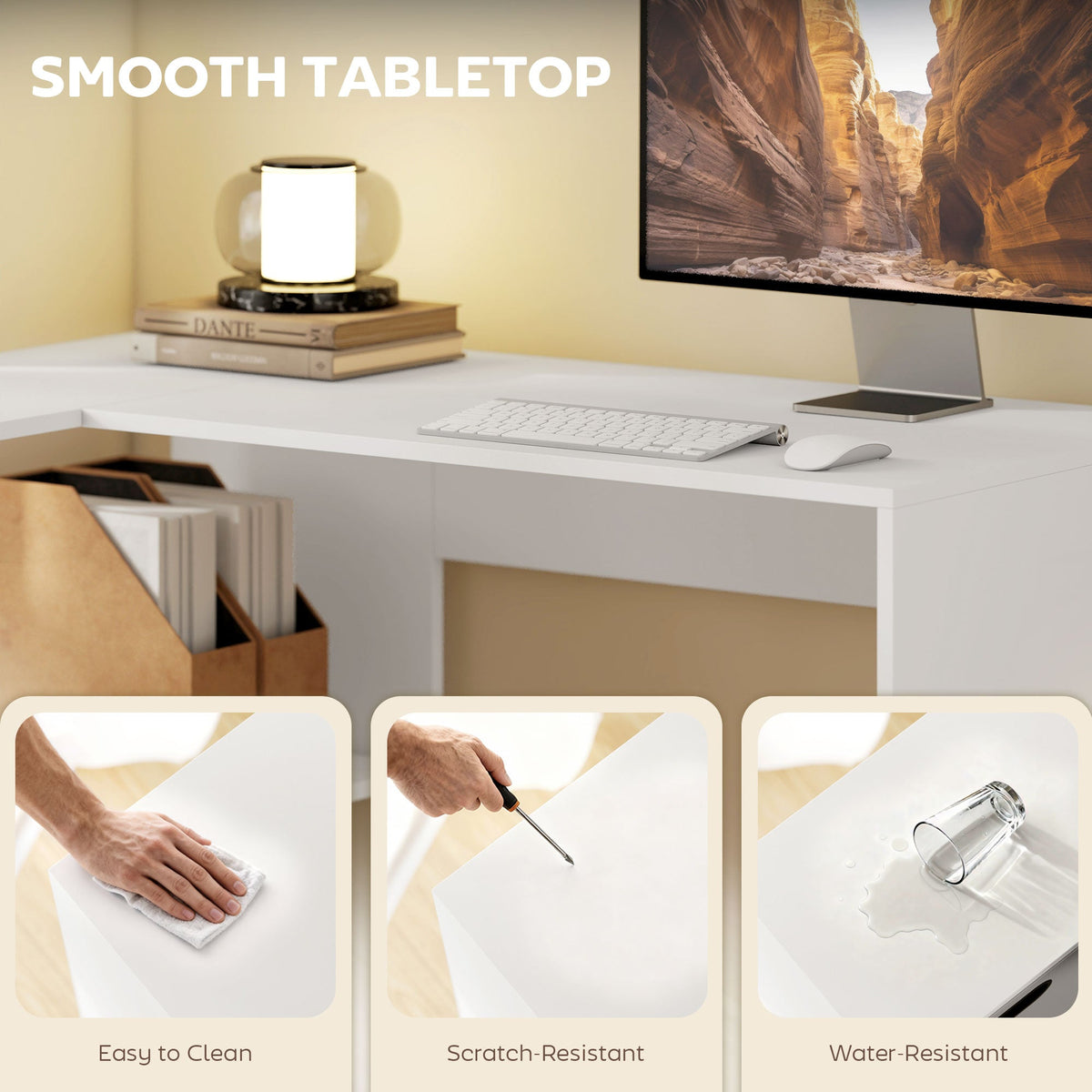 The office desk surface showing cleaning, scratch resistance and water resistance