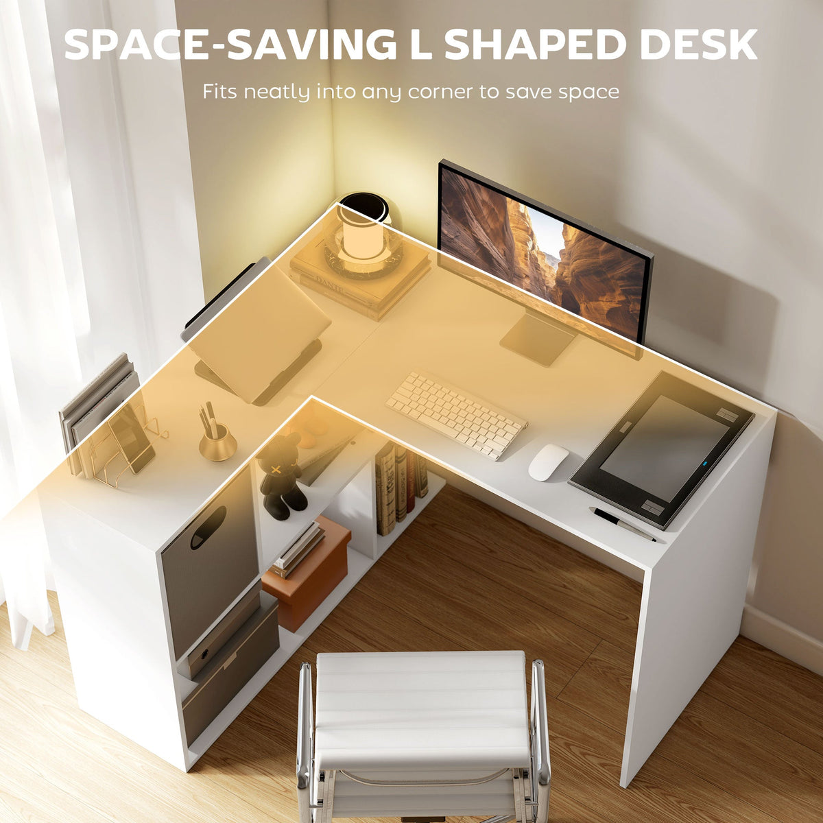 The office desk viewed from above showing the L shaped workspace and storage area