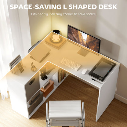 The office desk viewed from above showing the L shaped workspace and storage area