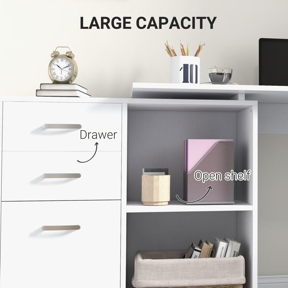 Close up of the drawers and open shelf on the white L shaped computer desk