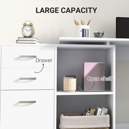 Close up of the drawers and open shelf on the white L shaped computer desk
