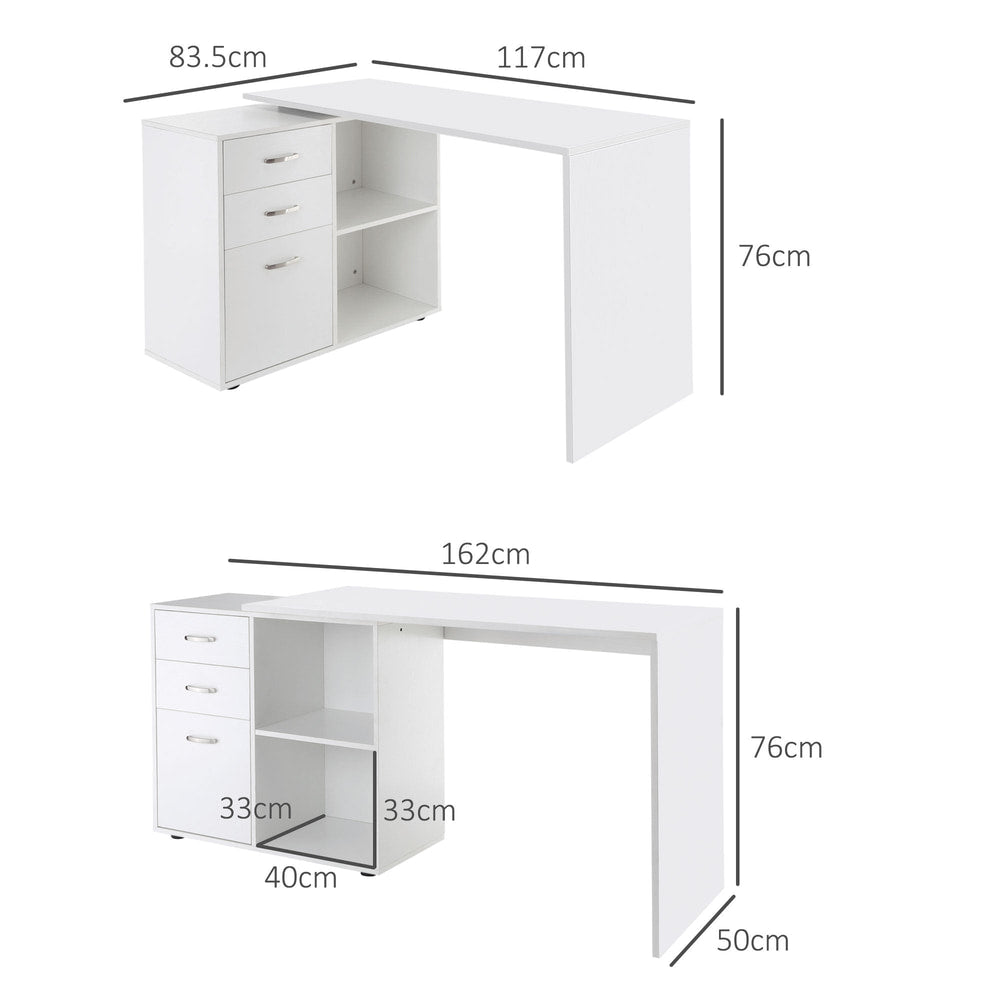 Size diagram of the white L shaped computer desk showing dimensions