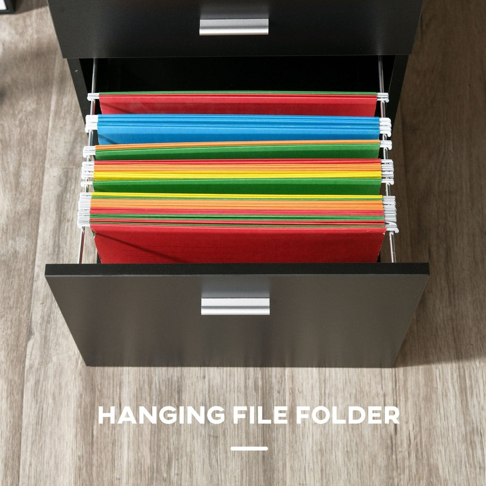 A close-up of the storage drawer with colourful hanging files inside