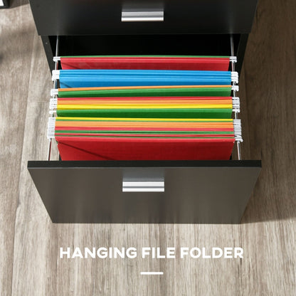 A close-up of the storage drawer with colourful hanging files inside