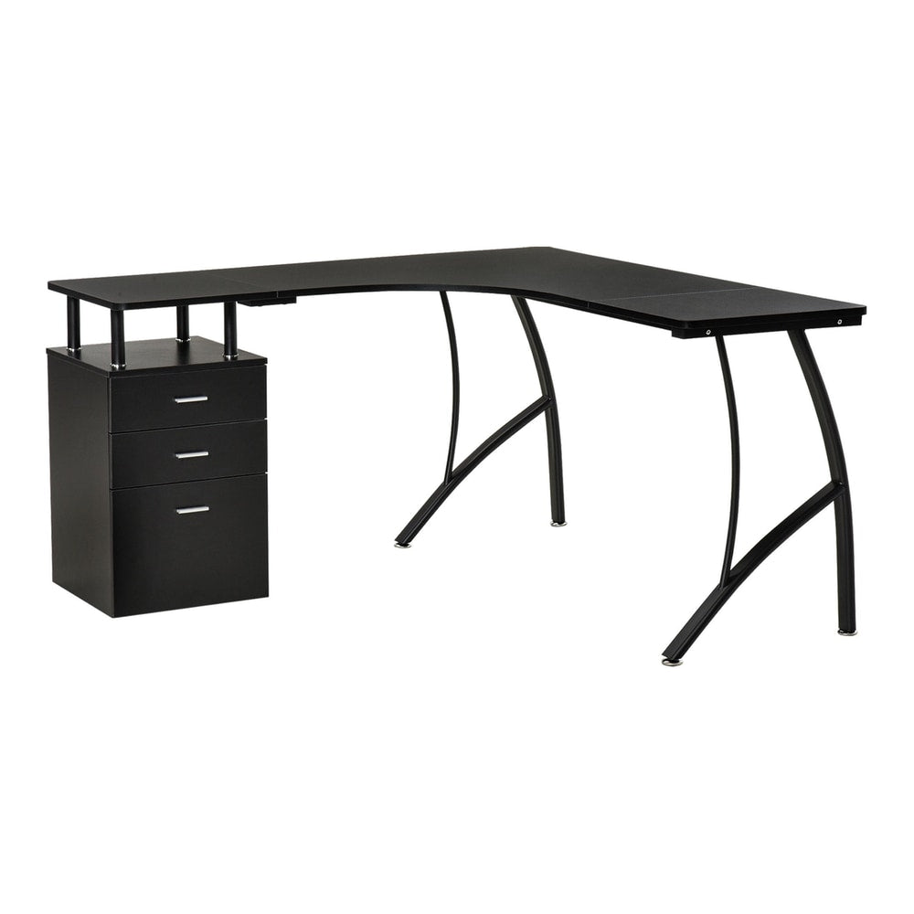 HOMCOM L-Shaped Computer Desk Table with Storage Drawer in black, shown from the front