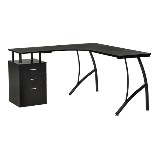 HOMCOM L-Shaped Computer Desk Table with Storage Drawer in black, shown from the front