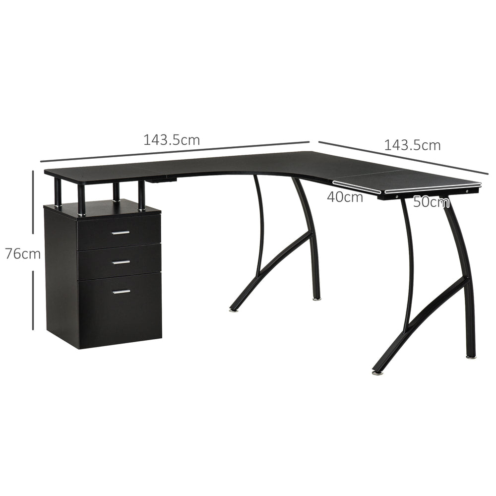 The L-shaped computer desk with dimensions shown