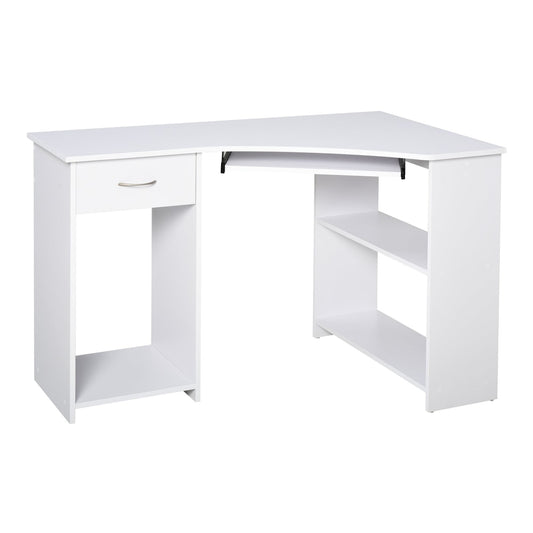 HOMCOM L-Shaped Corner Computer Desk in white with a drawer, keyboard tray and side shelving
