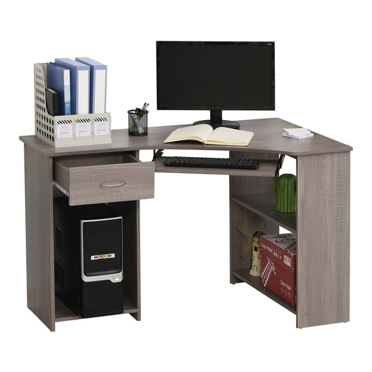 HOMCOM L-Shaped Corner Computer Desk with a computer, keyboard, and storage shelves