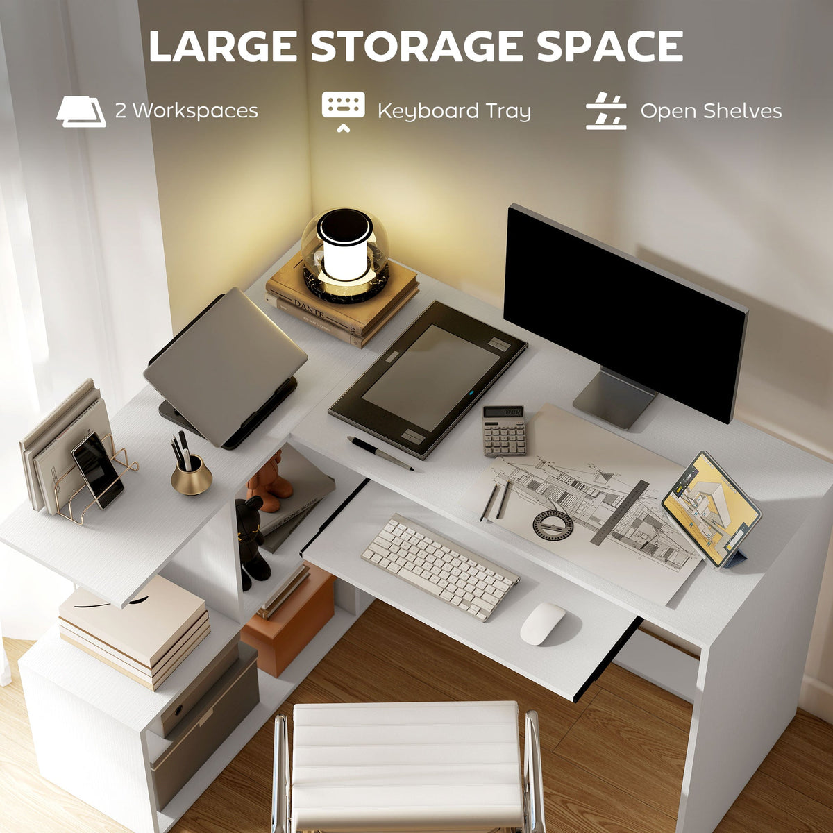 The white wood effect computer desk has large storage space with two workspaces and a keyboard tray