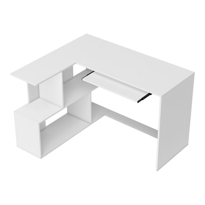 HOMCOM L-Shaped Corner Desk with keyboard tray and open shelves in white wood effect