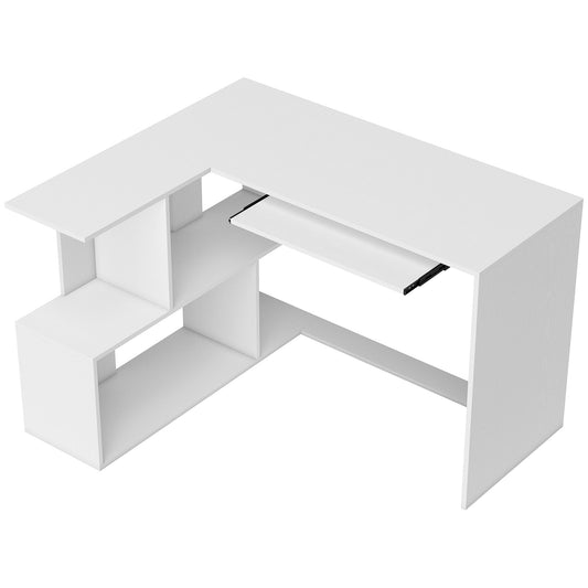 HOMCOM L-Shaped Corner Desk with keyboard tray and open shelves in white wood effect