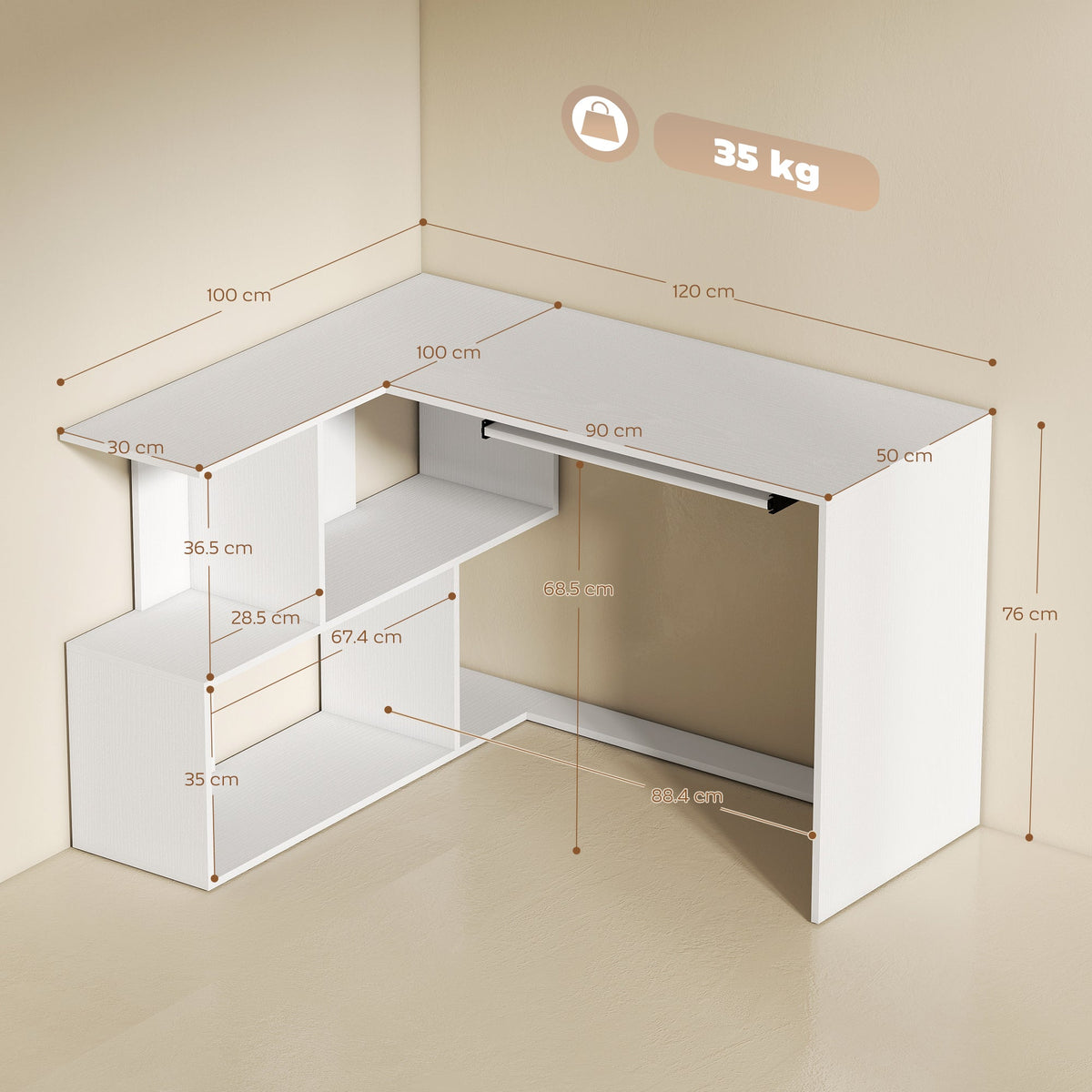 Dimensions of the white wood effect L-shaped corner desk