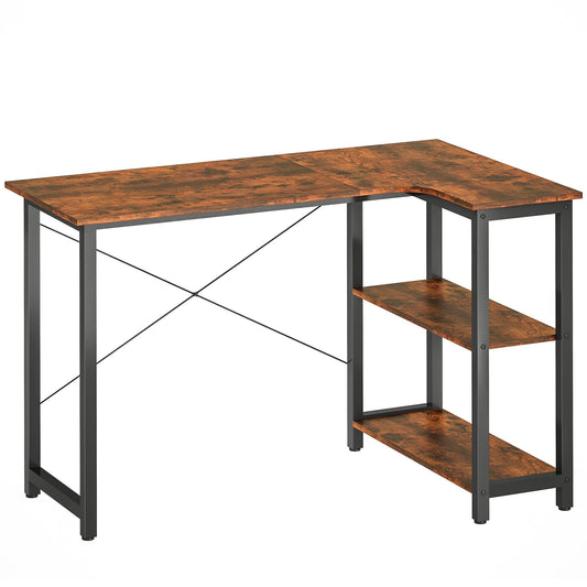 HOMCOM L Shaped Desk with a rustic brown surface and black metal frame showing the open shelving