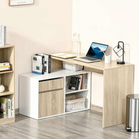 The L-shaped desk in a home office with a laptop and books on it
