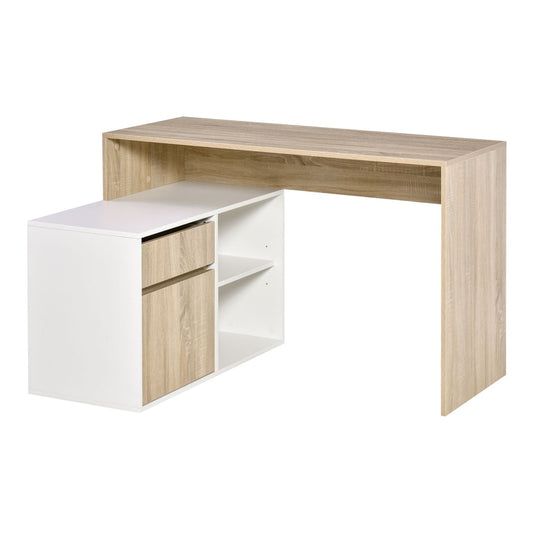 HOMCOM L-Shaped Desk in oak and white with a cabinet and open shelving