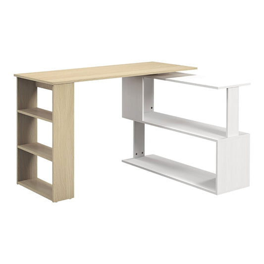 HOMCOM L-shaped desk modular computer desk with built-in bookcase and 3-tier shelf in white and natural wood