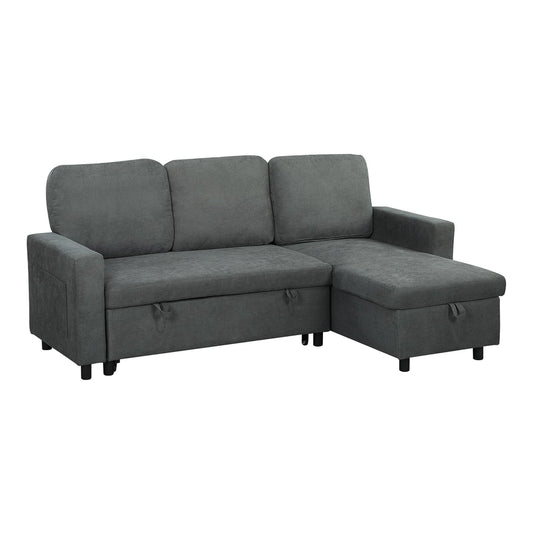 HOMCOM Pull Out Sofa Bed with Storage in charcoal grey fabric, shown as a corner sofa with the chaise on the right