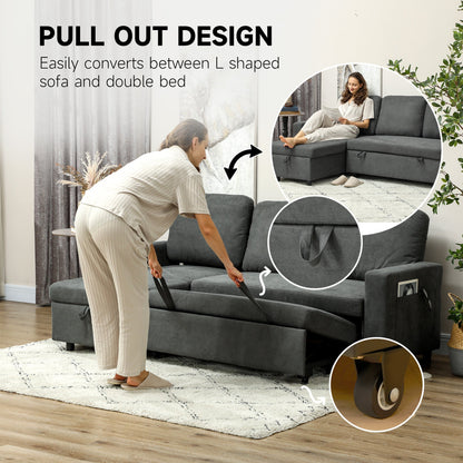 A woman pulling out the sofa bed mechanism to convert the sofa into a bed