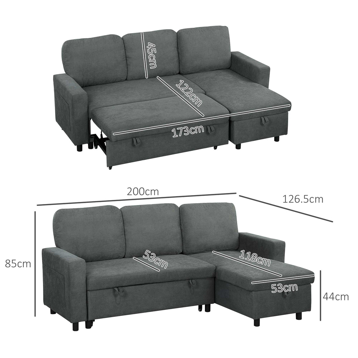 Dimensions diagram for the charcoal grey sofa bed, showing it as a sofa and a bed