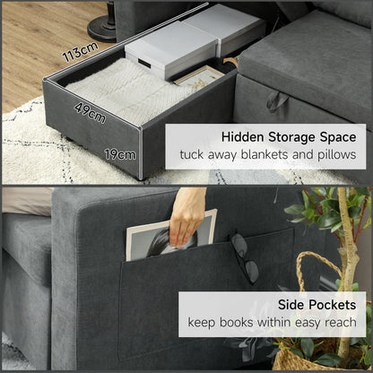 Close up of the sofa bed storage compartment and side pockets
