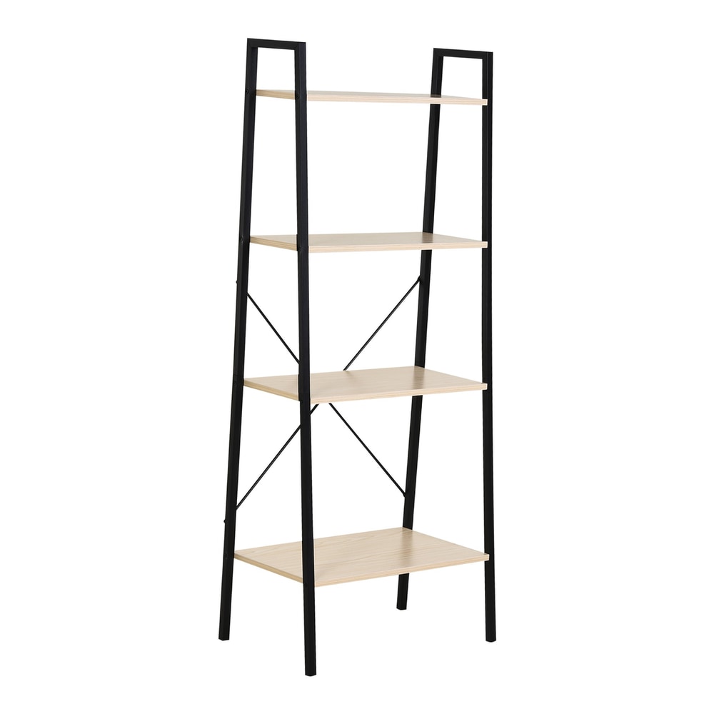 HOMCOM Ladder Shelf with four wooden tiers and a black metal frame on a white background