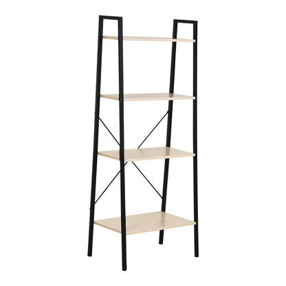 HOMCOM Ladder Shelf with four wooden tiers and a black metal frame on a white background