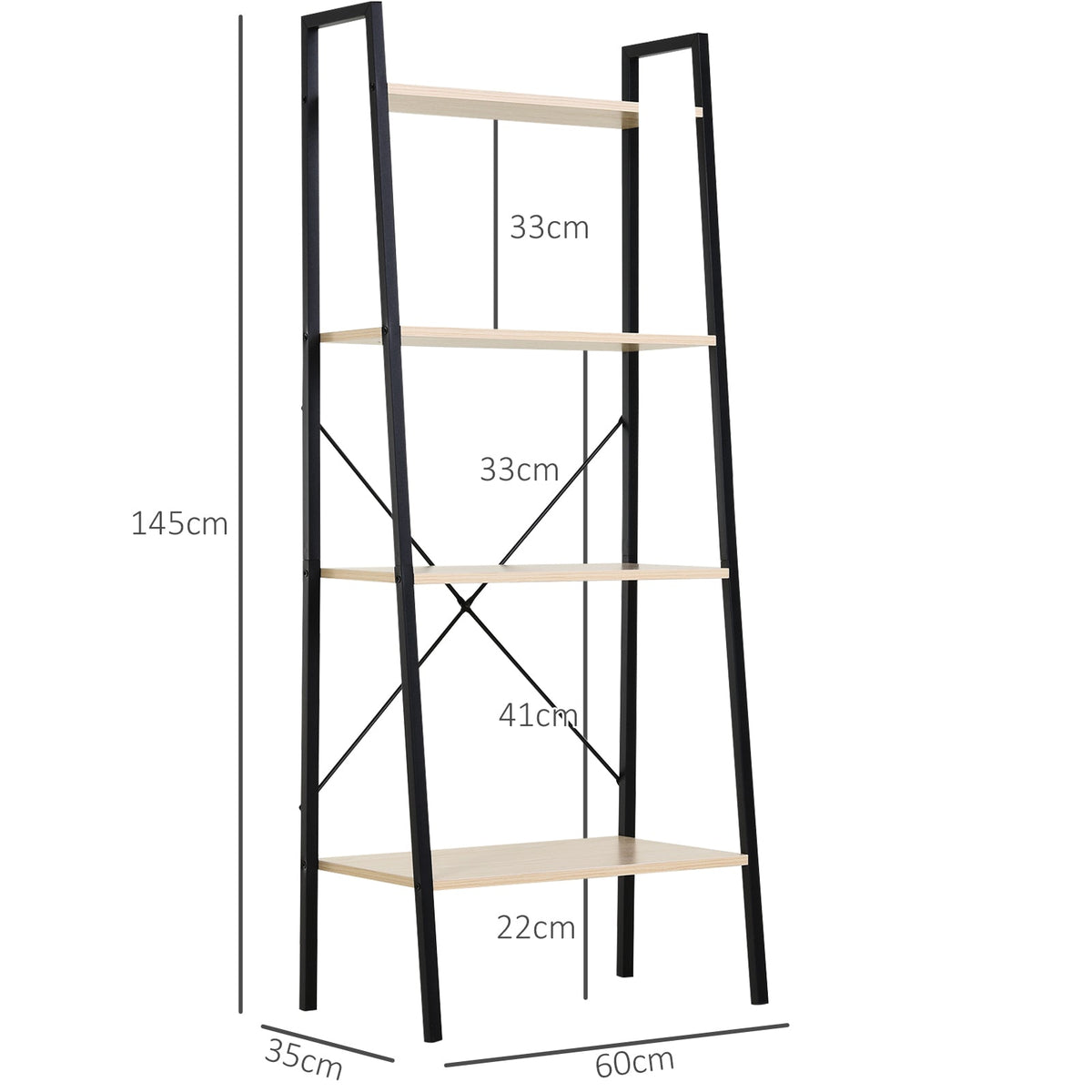 The four tier bookshelf showing height and width dimensions with black arrows