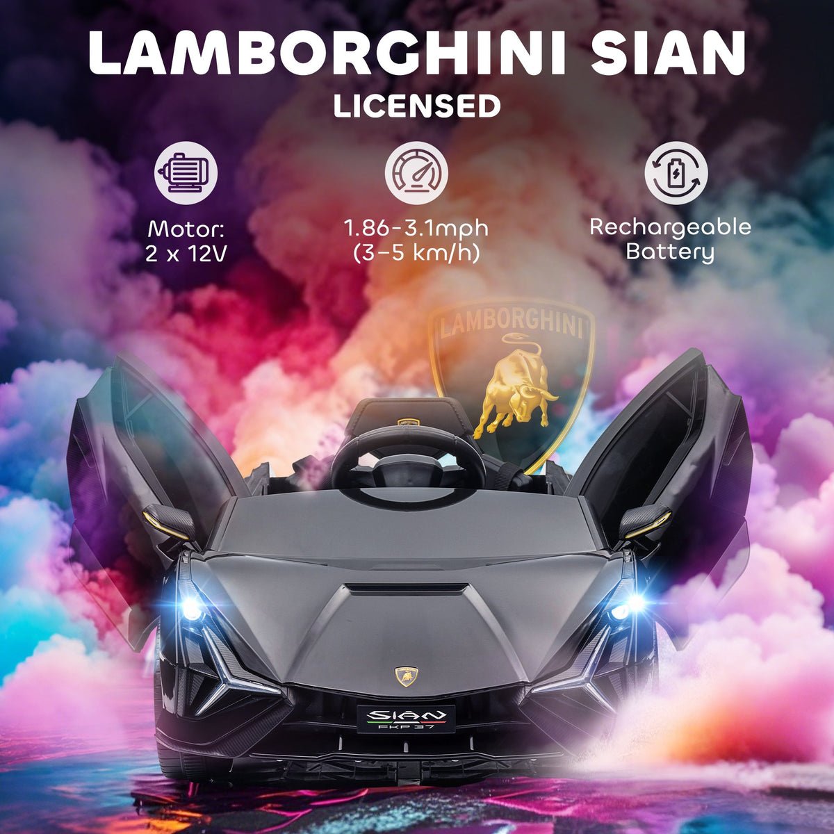 The ride-on car featuring text highlights for the motor, speed and rechargeable battery
