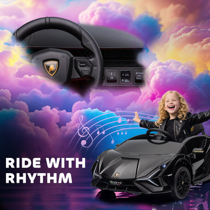 The ride-on car with a child inside and a close-up of the steering wheel and music controls