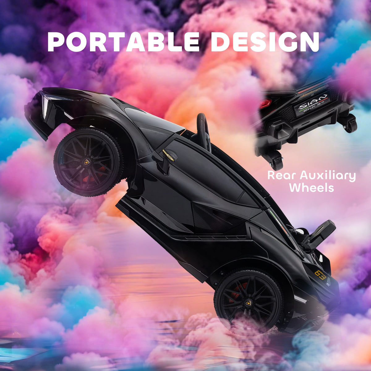 The ride-on car tilted to show the rear auxiliary wheels for easy portability