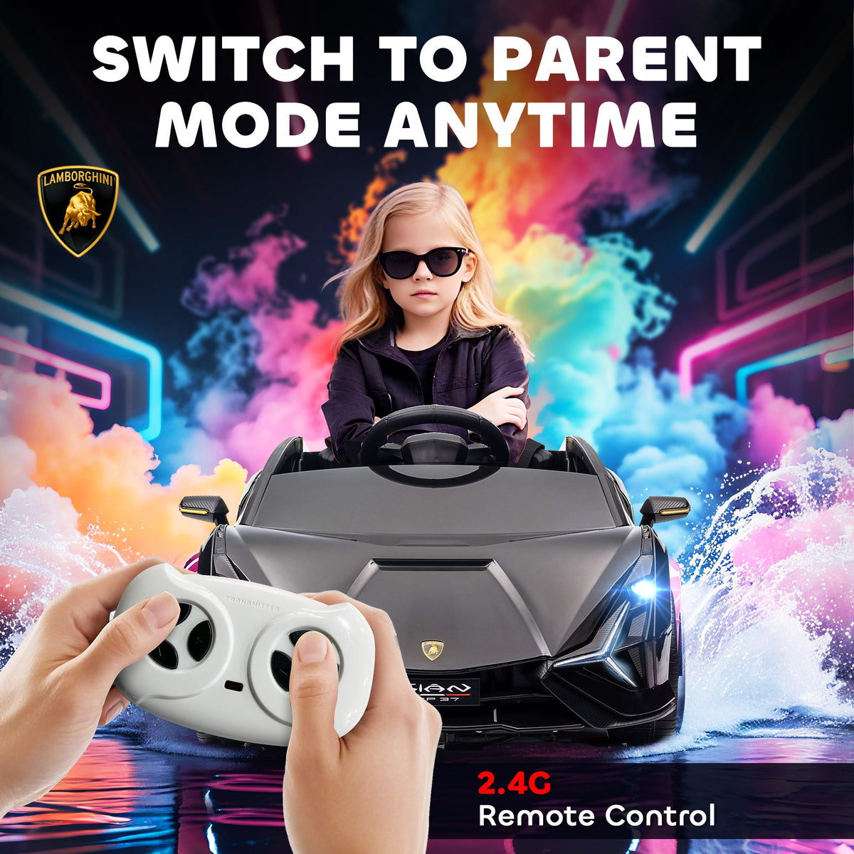 The ride-on car with a child inside and hands holding the remote control for parent mode