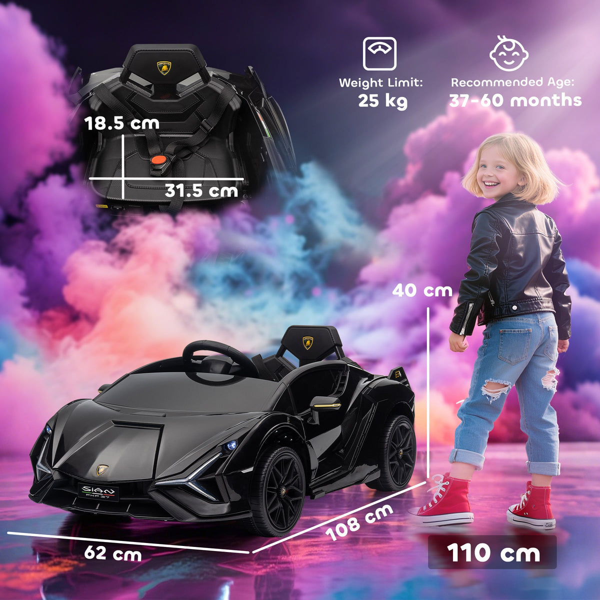 The ride-on car with overlaid text showing dimensions and recommended age for the product