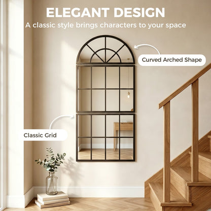 The arched wall mirror with metal grid highlighted for its elegant design and curved arched shape