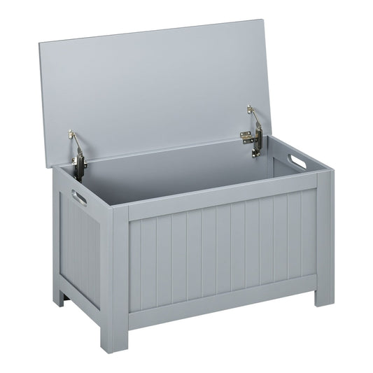 HOMCOM Large Storage Box Toy Chest in grey with the lid open showing the interior hinges