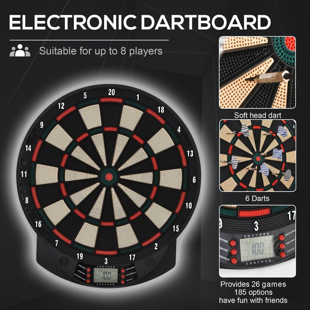 The electronic dartboard showing the dart holes and scoring display with text about game options