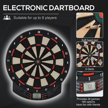 The electronic dartboard showing the dart holes and scoring display with text about game options